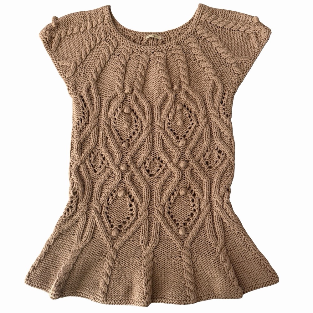 Max Studio Womens Cable Knit Sweater Top Sz XS Camel Bobble Textured Boho Peplum